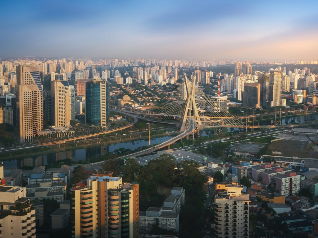 Aerial view of Octavio Frias de Oliveira Bridge (Ponte Estaiada) - Sao Paulo, Brazil